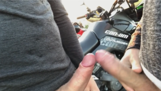 Biker boys outdoor comparing big hard cock jerking porn